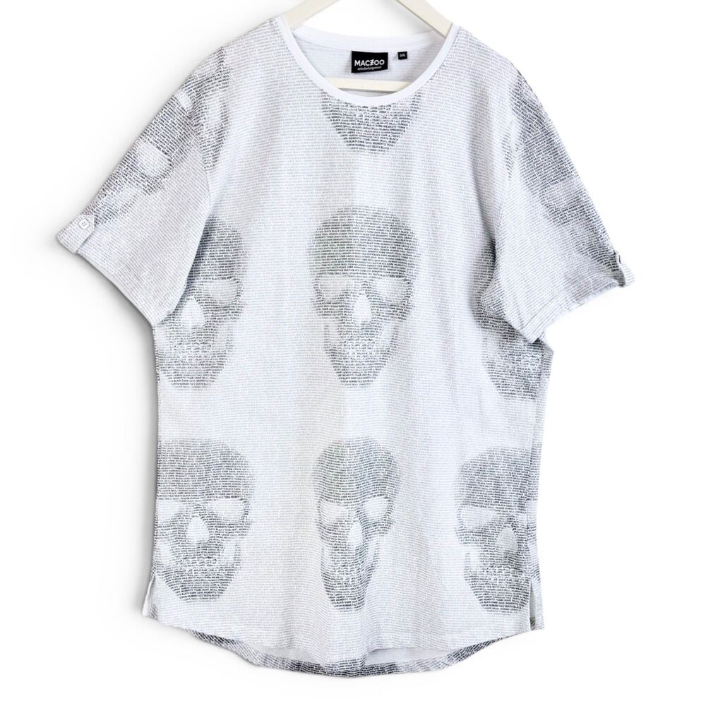 Maceoo Mens Teehlzip Skull Hign Quality Long Cut White Crew Neck T-Shirt XL